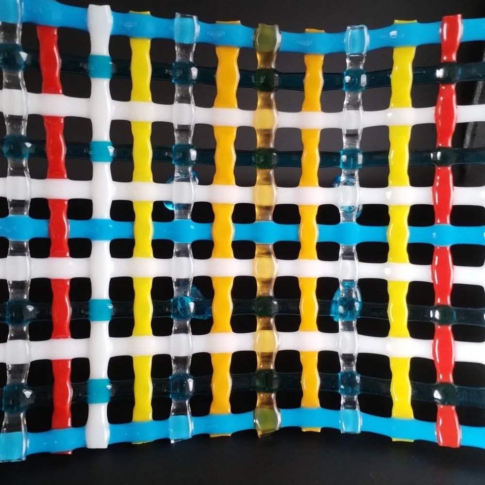 Vintage Fused Art Glass Lattice Tray Woven Grid Bowl Platter Colorful Blue Feet